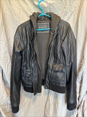 Women’s Black Faux Leather Bomber with Hood